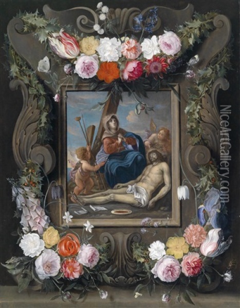 Eine Blumengeschmuckte Kartusche Mit Einer Darstellung Der Beweinung Christi Oil Painting - Jan van Kessel the Elder