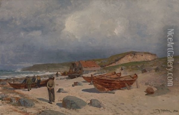 Fiskere Pa Strand Oil Painting - Nicolai Martin Ulfsten