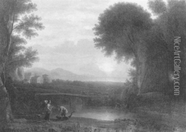Arcadian Landscape With Figures And Classical Buildings Oil Painting - Claude Lorrain