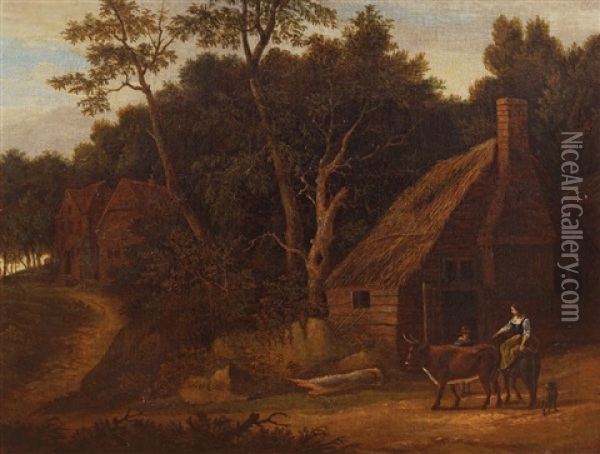 A Wooded Landscape With A Manor House And Farm. Figures And Animals In The Foreground. Oil Painting - Nicolaes Petersz Berchem