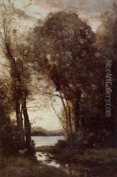 Goatherd Standing, Playing the Flute under the Trees Oil Painting - Jean-Baptiste-Camille Corot