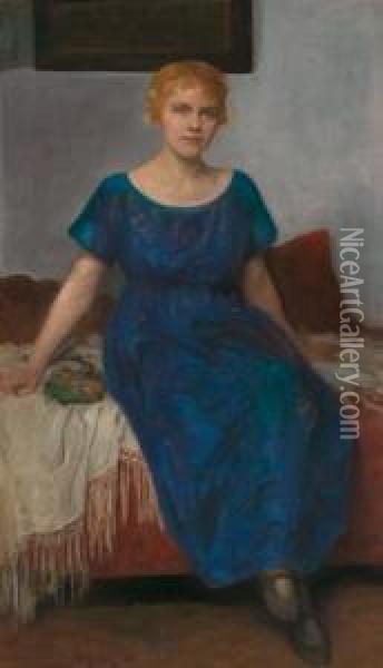 Sitzende Junge Frau In Blauem Kleid Oil Painting - Simon Glucklich