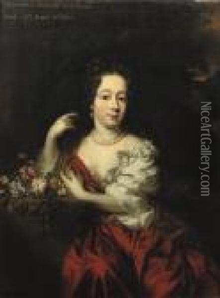 Portrait Of A Lady, Said To Be 
Henrietta Maria Of Orleans,three-quarter-length, In A Red Dress And 
White Chemise, Flowers Byher Side Oil Painting - Nicolaes Maes
