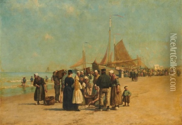 Fish Sale On The Beach, Schevinger Oil Painting - William Edward Norton