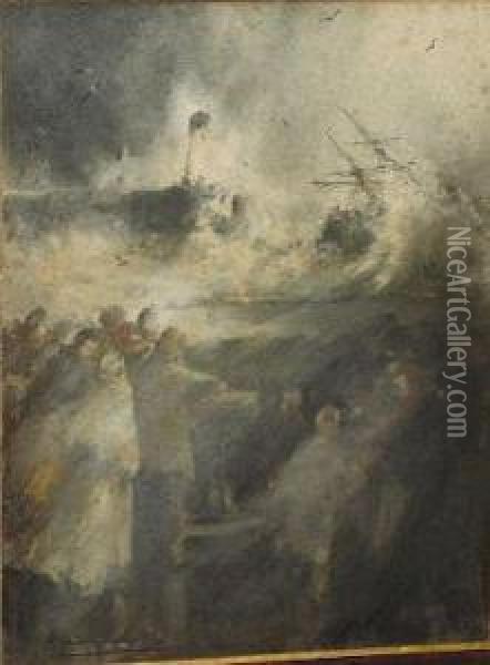 A Wreck Off Whitby Pier With Figures Looking On Oil Painting - Frederick William Booty