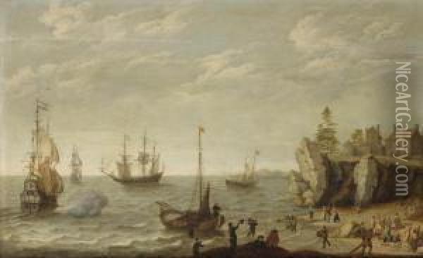 Dutch Merchants At Anchor In Choppy Waters Off A Rocky Coast In Abay With Fishermen Unloading Their Catch Oil Painting - Isaac Willaerts