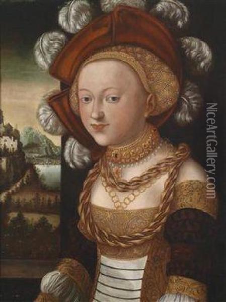 Young Lady Dressed In A Courtly Fashion Before A Landscape Oil Painting - Lucas The Elder Cranach