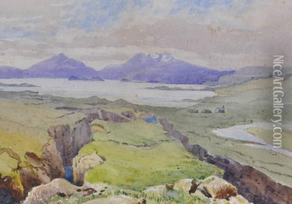 Extensive Irish Landscape Towards The Mountains Oil Painting - Joseph Carey Carey