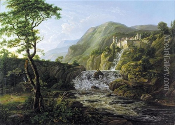 Fjell Landskap Med Slott (mountain Landscape With A Castle) Oil Painting - Johan Christian Dahl
