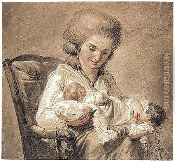 A Mother With A Baby In Her Arms And A Young Child Oil Painting - Francois-Andre Vincent