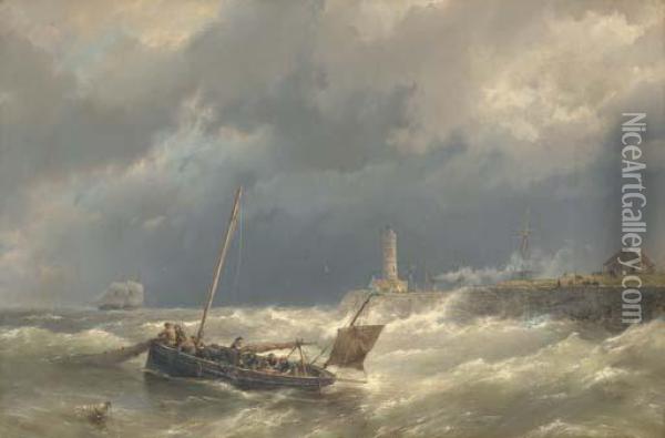 Gathering In The Nets In Stormy Seas Oil Painting - Hermanus Jr. Koekkoek