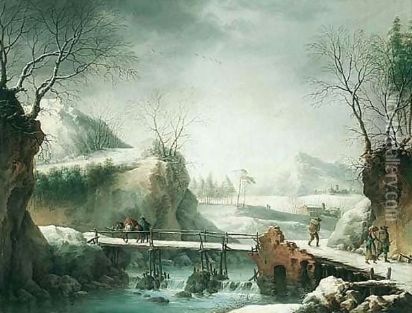 A Winter Landscape With Travellers Crossing A Bridge Oil Painting - Francesco Foschi