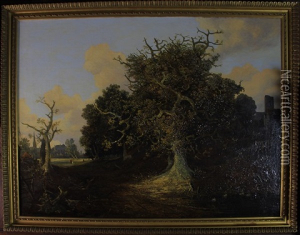 Norfolk Landscape Taken Near Norwich With A Group Of Trees, Pond In Foreground, Norwich Cathedral Beyond To The Left And Another Building And Church To The Right Oil Painting - Joseph Paul