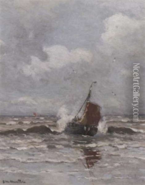A Bomschuit In The Surf By Katwijk Oil Painting - Gerhard Arij Ludwig Morgenstjerne Munthe