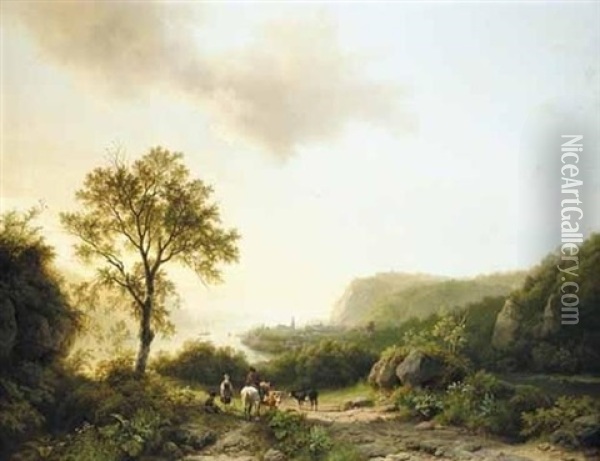 Cattle Drivers In A Landscape Overlooking The Rhine Oil Painting - Barend Cornelis Koekkoek