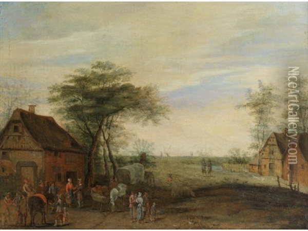 A Village Scene With Figures Preparing Wagons And Horses Oil Painting - Joseph van Bredael
