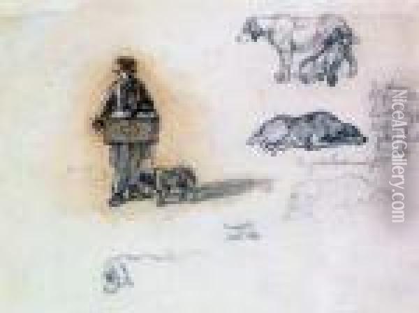 A Sketchbook Sheet Of Studies Of Dogs And A Street Musician Oil Painting - Friedrich Wilhelm Keyl