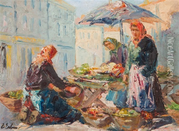 Trzy Kobiety Przy Straganie Oil Painting - Erno Erb