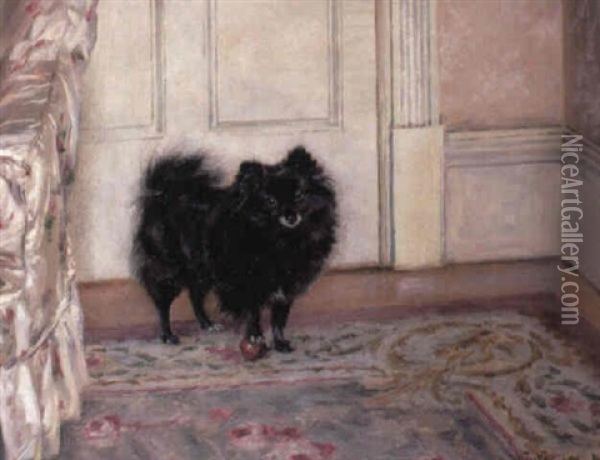 Black Pomeranian With A Ball Oil Painting - William Luker Jr.
