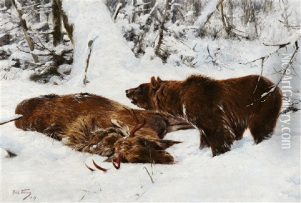 Norwegian Winter Landscape With An Elk And A Brown Bear Oil Painting - Richard Bernhardt Louis Friese
