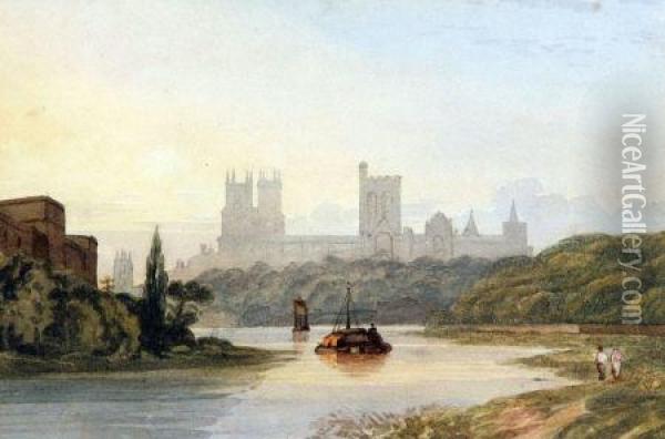 Hay Barge On A River With Cathedral To Distance Oil Painting - John Varley