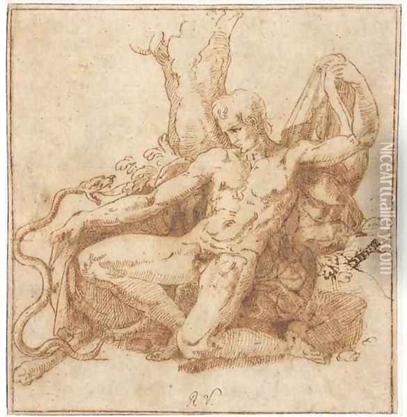 Hercules kneeling before a snake Oil Painting - Giovanni Francesco Penni