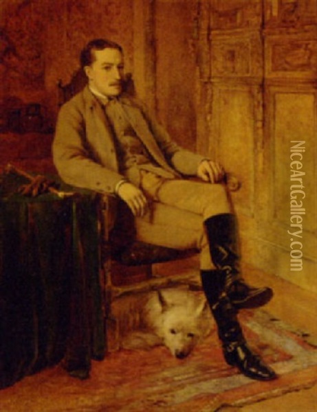 Portrait Of R.w.r. Mackenzie Esq., Of Stormontfield, In A Brown Suit, A Dog At His Feet, In A Panelled Room Oil Painting - William Proudfoot