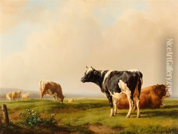 Weite Landschaft Mit Kuhen Und Schafen Oil Painting - Jacques Raymond Brascassat