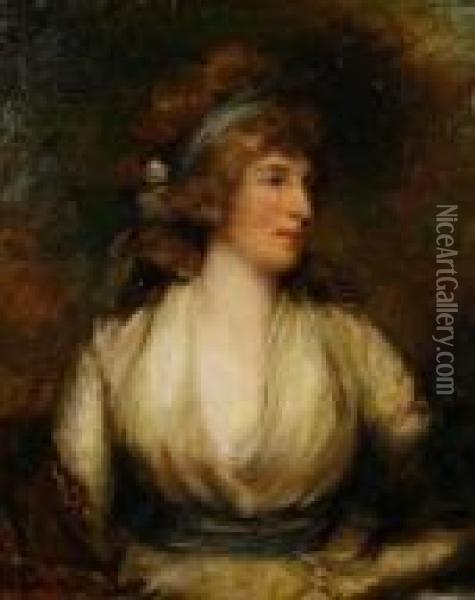 Portrait Of A Lady, Said To Be 
Mrs Fitzherbert, Half-length, In A Cream Dress And A Blue Headdress Oil Painting - John Hoppner
