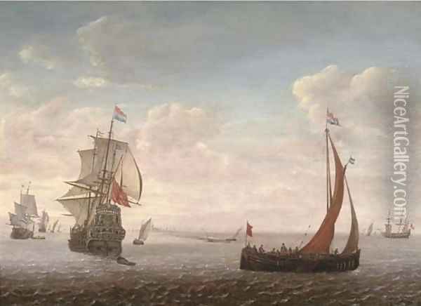 Dutch men-o'-war and other shipping in a calm Oil Painting - Simon De Vlieger