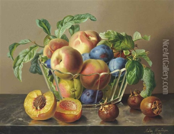 Peaches, Plums And Apples In A Glass Bowl By Peaches On A Marble Ledge Oil Painting - Anton Hartinger