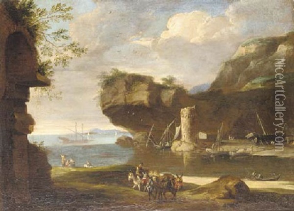 A Mediterranean Harbour With Fishermen And Boat Builders Oil Painting - Orazio Grevenbroeck
