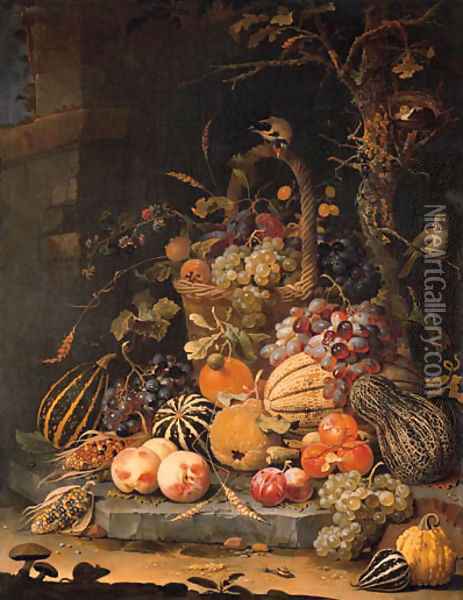 A forest floor still life with grapes, plums, rosehips, blackberries and ears of corn in a basket, with peaches, melons and corn cobs on a stone slab Oil Painting - Abraham Mignon