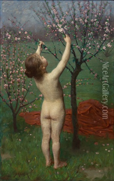 Allegorie Des Fruhlings: Nacktes Kind Greift In Bluhendes Baumchen Oil Painting - Simon Gluecklich