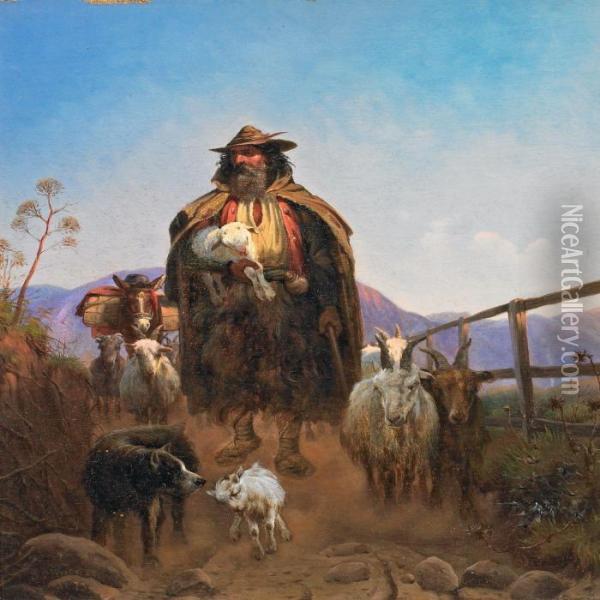 An Italien Shepherd Surrounded By His Dog And Goats Oil Painting - Simon Simonson