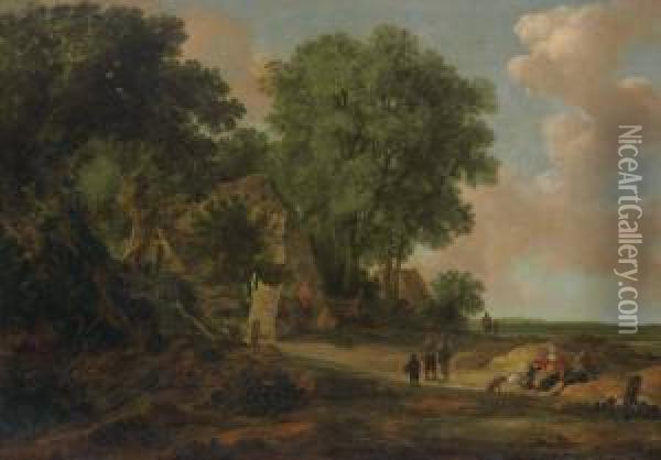 A Landscape With Villagers By A Farmstead Oil Painting - Pieter De Molijn