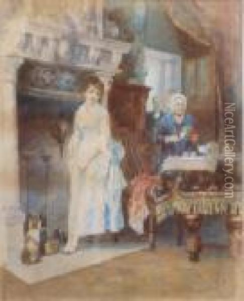 Figures In A Drawing Room With Girl Beside A Fireplace Initialled 13.5 X 11in Oil Painting - Walter-Dendy Sadler