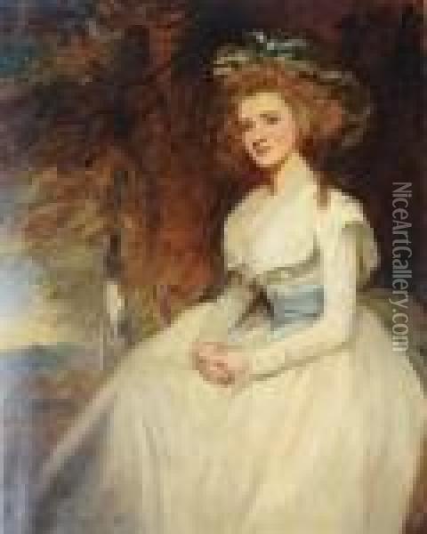 Portrait Of A Lady Wearing A White Dress And Green Bonnet Oil Painting - George Romney