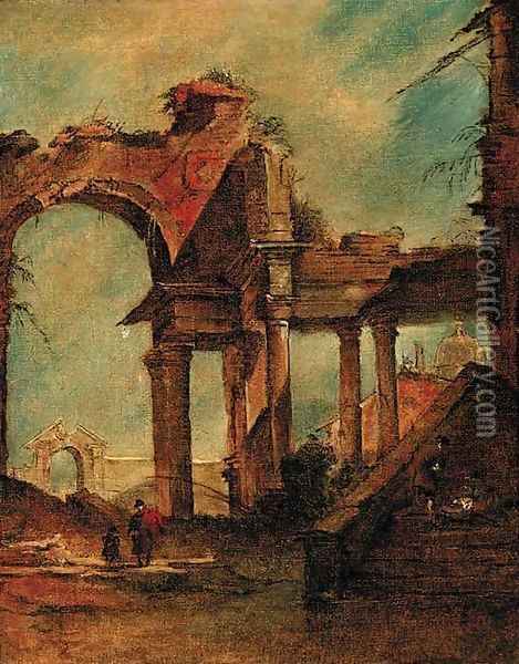 A capriccio of a ruined arch and colonnade, a dome beyond Oil Painting - Giacomo Guardi