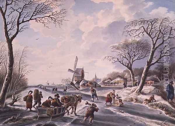 Dutch winter garden scene of windmill and skaters Oil Painting - W.F. Christ