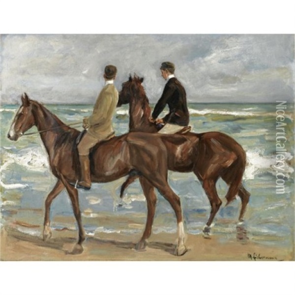 Zwei Reiter Am Strand Nach Links-two Riders On A Beach Oil Painting - Max Liebermann