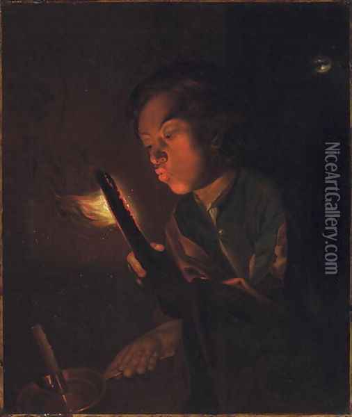 A Boy Blowing on an Ember, 1690s Oil Painting - Godfried Schalcken