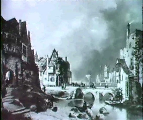 Mittelalterliches Stadtchen Aneinem Fluss Oil Painting - Adolf Wegelin