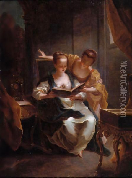 Two Young Ladies Singing In An Elegant Interior Oil Painting - Jean Raoux