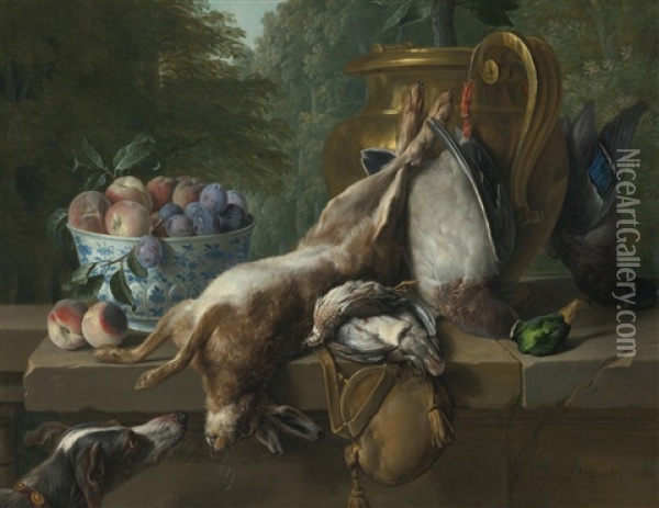 Still Life Of Game With A Bowl Of Plums And Peaches Oil Painting - Alexandre Francois Desportes