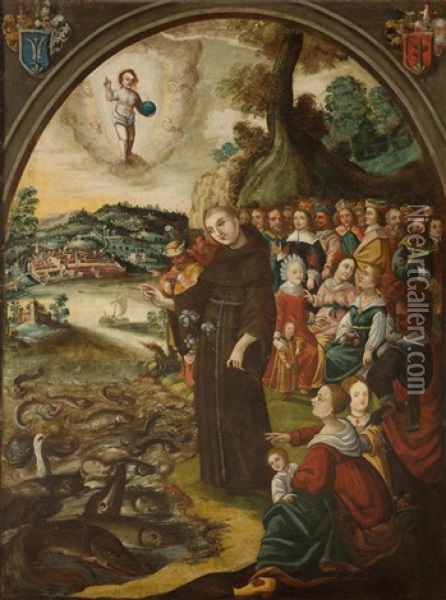 Saint Francis Preaching To The Fish, With A View Of The Town Of Zug In The Background Oil Painting - Thomas Brandenberg