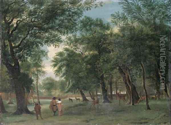 An elegant couple walking in a deer park Oil Painting - Adriaen Van De Velde
