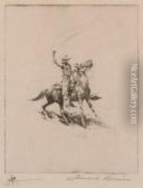Ready To Rope; New Bucking Horse;bronco Oil Painting - John Edward Borein