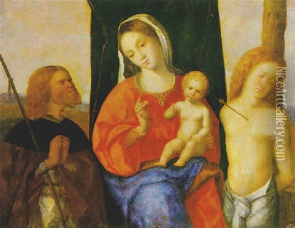 Madonna Con Il Bambino Tra I Santi Rocco E Sebastiano Oil Painting - Giovanni Bellini