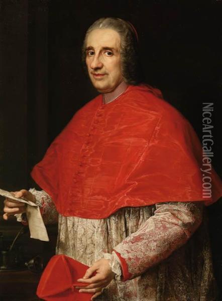 Portrait Of A Cardinal, 
Half-length, In Robes Of Office, Holding His Biretta And A Letter Oil Painting - Pompeo Gerolamo Batoni